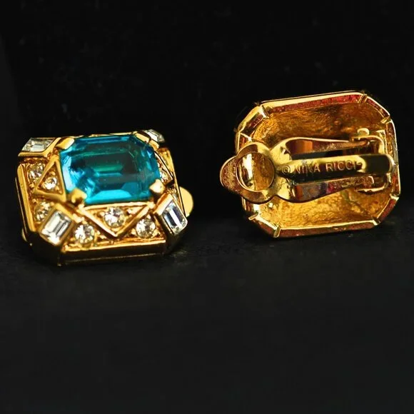 Nina Ricci Green & Gold Earrings - Signed - Picture 2 of 2